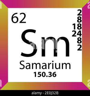 SM Samario elemento chimico Tavola periodica. Illustrazione a vettore singolo, icona colorata con massa molare, conn. Di elettroni e numero atomico. Illustrazione Vettoriale