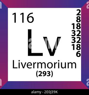 LV Livermorium Tabella periodica degli elementi chimici. Illustrazione a vettore singolo, icona colorata con massa molare, conn. Di elettroni e numero atomico. Illustrazione Vettoriale