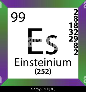 Es Einsteinium Chemical Element Tavola periodica. Illustrazione a vettore singolo, icona colorata con massa molare, conn. Di elettroni e numero atomico. Illustrazione Vettoriale