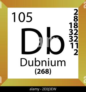 DB Dubnium Tabella periodica degli elementi chimici. Illustrazione a vettore singolo, icona colorata con massa molare, conn. Di elettroni e numero atomico. Illustrazione Vettoriale