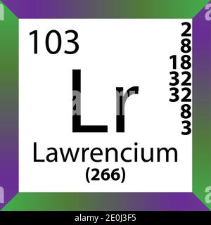 Tabella periodica degli elementi chimici del Lawrencium LR. Illustrazione a vettore singolo, icona colorata con massa molare, conn. Di elettroni e numero atomico. Illustrazione Vettoriale