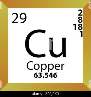 Tabella periodica degli elementi chimici in rame Cu. Illustrazione a vettore singolo, icona colorata con massa molare, conn. Di elettroni e numero atomico. Illustrazione Vettoriale