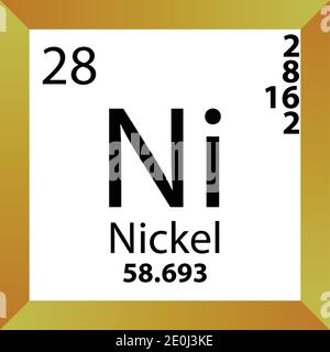 Ni nichel elemento chimico Tavola periodica. Illustrazione a vettore singolo, icona colorata con massa molare, conn. Di elettroni e numero atomico. Illustrazione Vettoriale