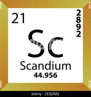 SC Scandium Chemical Element Tavola periodica. Illustrazione a vettore singolo, icona colorata con massa molare, conn. Di elettroni e numero atomico. Illustrazione Vettoriale