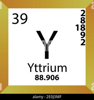 Y ittrio Tabella periodica degli elementi chimici. Illustrazione a vettore singolo, icona colorata con massa molare, conn. Di elettroni e numero atomico. Illustrazione Vettoriale