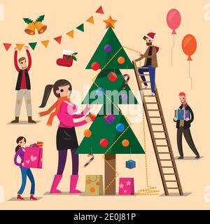 Insieme vettoriale di persone che preparano la decorazione di Natale Illustrazione Vettoriale