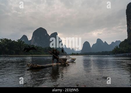 La Cina cormorana pesca il fiume li al tramonto Foto Stock