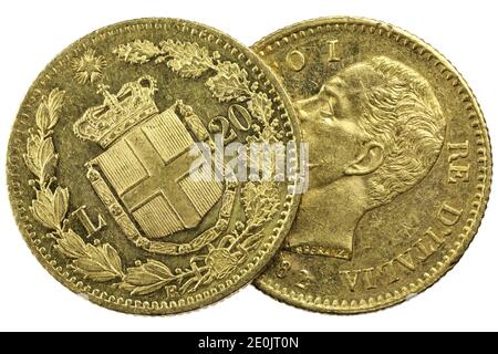 Italiano 20 monete d'oro lira isolate su sfondo bianco Foto Stock