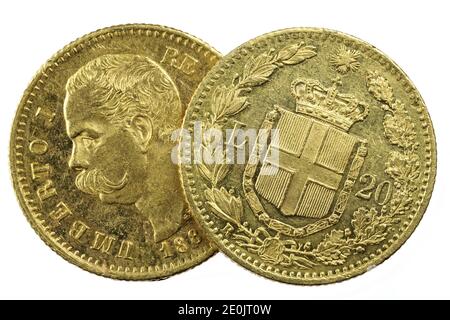 Italiano 20 monete d'oro lira isolate su sfondo bianco Foto Stock