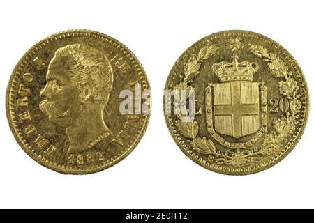 Italiano 20 monete d'oro lira isolate su sfondo bianco Foto Stock