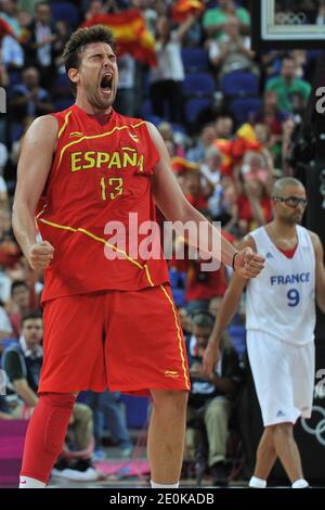 Marc Gasol in azione in Spagna durante la partita di pallacanestro maschile Spagna contro Francia alle Olimpiadi di Londra 2012, a Londra, Regno Unito, l'8 agosto 2012. La Spagna batte la Francia 66-59. Foto di Gouhier-Guibbaud-JMP/ABACAPRESS.COM Foto Stock