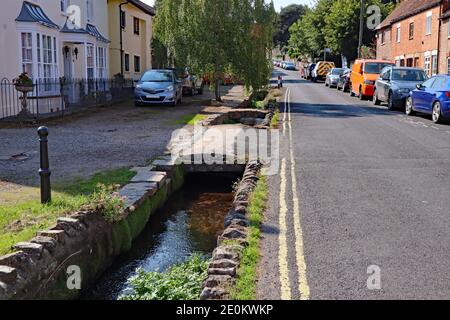 Un piccolo ruscello scorre attraverso gli alberi e sotto un piccolo ponte in un idilliaco villaggio Somerset. Foto Stock