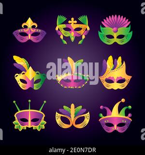 mardi gras icone set con diverse maschere con piume e. illustrazione vettoriale di gioielli Illustrazione Vettoriale