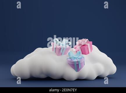 Confezioni regalo con archi colorati su una nuvola bianca. illustrazione 3d. Rendering. Foto Stock