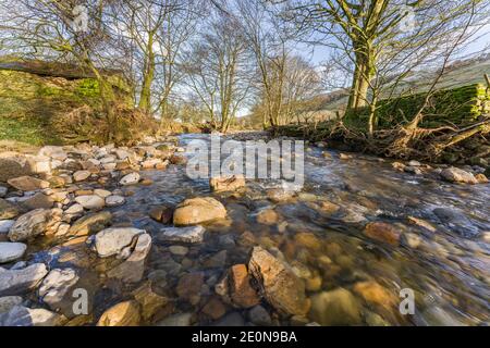 Acque calme che scorrono attraverso i campi nel Parco Nazionale delle Valli dello Yorkshire nel North Yorkshire Foto Stock