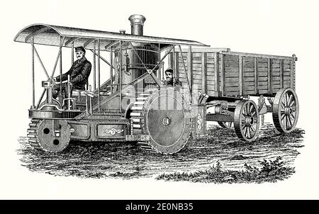 Una vecchia incisione di un ‘vaporizzatore stradale’ vittoriano recante un carro di carbone, realizzata da Robert Thomson, Leith, Edimburgo, Scozia, Regno Unito. È da un libro di ingegneria meccanica del 1880. Questa locomotiva a vapore era dotata di pneumatici in gomma sulle sue tre ruote e, insolitamente per il momento, il conducente era seduto davanti al veicolo. Utilizzava tronchi nella caldaia verticale. Robert William Thomson (1873–1822) è stato l'inventore scozzese del pneumatico nel 1845. La resilienza degli pneumatici in gomma ha permesso al suo motore a vapore leggero da cinque tonnellate di causare piccoli danni alle strade rispetto ai veicoli più pesanti. Foto Stock