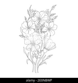 Bouquet di fiori colorazione pagina libro per adulti, ornamento flopale disegnato a mano in bianco e nero. Illustrazione vettoriale. Modello Zendoodle. Illustrazione Vettoriale