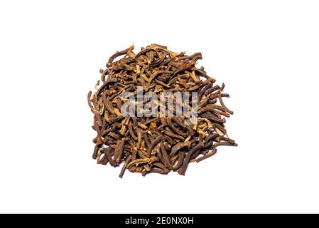 Cinnamomum cassia presl barks, chiamato anche GUI Ding heap vista ravvicinata su sfondo bianco Foto Stock