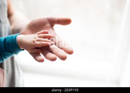 Tenere le mani. Porgete il bambino addormentato nella mano del padre da vicino. Mani isolate su sfondo bianco. Genitori e bambini Foto Stock