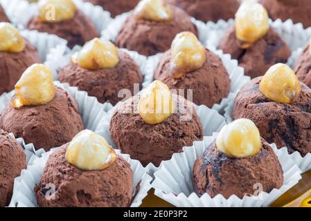 Tartufi di cioccolato fatti in casa. Messa a fuoco selettiva. Bonbon di cioccolato con nocciole tritate, crema, cioccolato fondente e nocciole intere Foto Stock