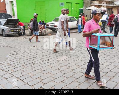 Antananarivo, Madagascar - 24 aprile 2019: Scena di strada tipica in Antananarivo - alcune persone malgascio seduti su un portico di pietra, uomo che fissa il suo c Foto Stock