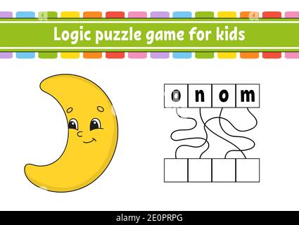 Logica di gioco di puzzle. Parole di apprendimento per i bambini. Trovare il nome di nascosto. Istruzione foglio di lavoro in via di sviluppo. Pagina attività per studiare inglese. Gioco per bambini. Illustrazione Vettoriale