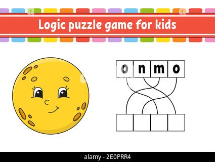 Logica di gioco di puzzle. Parole di apprendimento per i bambini. Trovare il nome di nascosto. Istruzione foglio di lavoro in via di sviluppo. Pagina attività per studiare inglese. Gioco per bambini. Illustrazione Vettoriale