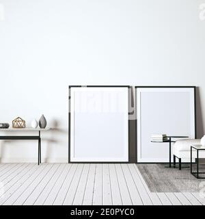 Soggiorno con pavimenti in legno e decorazioni moderne 3D rendering. La vista frontale e la cornice mockup sulla parete possono essere utilizzati per l'arte e le stampe mockup o. Foto Stock