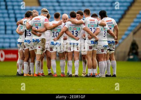 2 gennaio 2021; Ricoh Arena, Coventry, West Midlands, Inghilterra; premiership inglese Rugby, Wasps contro Exeter Chiefs; Exeter Chiefs Huddle poco prima dell'inizio del gioco Foto Stock