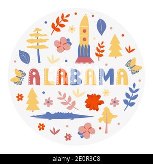 Collezione USA. Illustrazione vettoriale del tema Alabama. Simboli di stato - forma rotonda Illustrazione Vettoriale