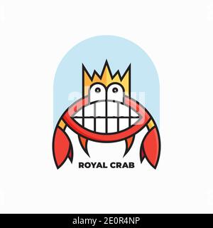 Design con logo Royal Crab. Illustrazione vettoriale di astratto simpatico sorriso divertente granchio con corona isolata su sfondo bianco Illustrazione Vettoriale