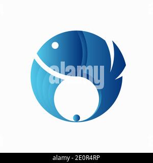 Disegno del logo del pesce. Illustrazione vettoriale di pesce astratto rotondo blu isolato su sfondo bianco Illustrazione Vettoriale
