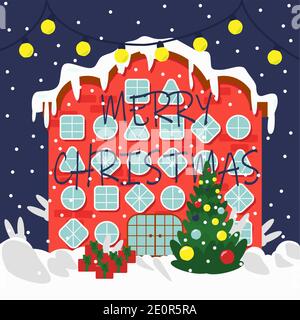 Illustrazione vettoriale di casa christmas decorata. Può essere utilizzato per biglietti d'auguri, striscioni, design tessile o altre decorazioni natalizie. Illustrazione Vettoriale