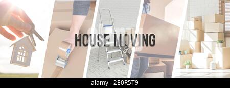 Moving House - illustrazione delle diverse fasi di un Sposta - progettazione banner Web Foto Stock