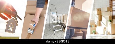 Moving House - illustrazione delle diverse fasi di un Sposta - progettazione banner Web Foto Stock