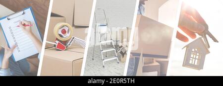 Moving House - illustrazione delle diverse fasi di un Sposta - progettazione banner Web Foto Stock