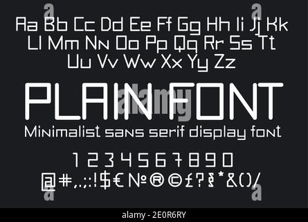 Carattere lineare diritto, caratteri sans serif maiuscoli e minuscoli, numeri e simboli, lettere stencil minimaliste e morbide per segni e A. Illustrazione Vettoriale
