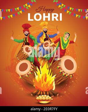 Happy Lohri festival di Punjab India sfondo. Vettore illustrazione di coppia giocando lohri danza. Illustrazione Vettoriale