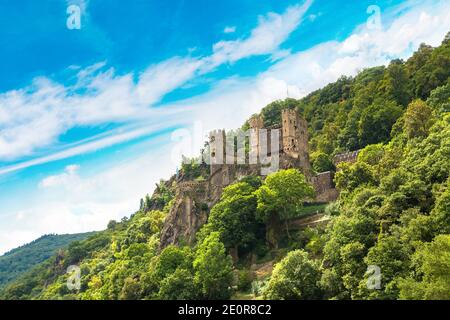 Castelli romantici nella valle del Reno è una zona vinicola in una bella giornata estiva, la Germania Foto Stock