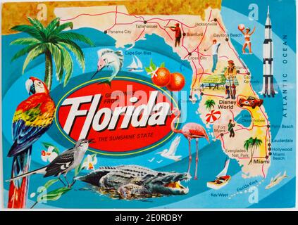 Vecchia cartolina colorata che mostra una mappa turistica Florida, inviata nel 1988. Stati Uniti d'America. Foto Stock