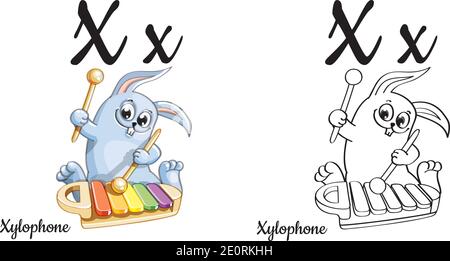 Xilofono. Lettera X dell'alfabeto vettoriale, pagina da colorare Illustrazione Vettoriale