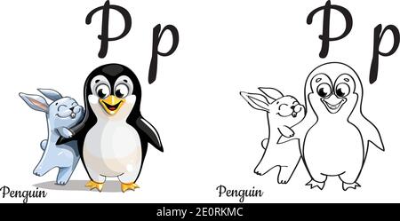 Pinguino. Lettera dell'alfabeto vettoriale P, pagina da colorare Illustrazione Vettoriale