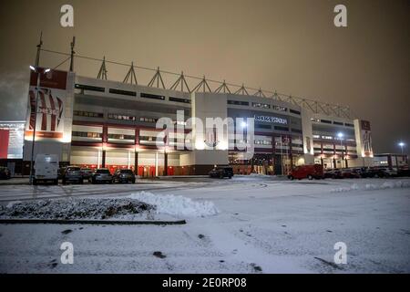 Stoke, Regno Unito. 02 gennaio 2021. 2 gennaio 2021; Bet365 Stadium, Stoke, Staffordshire, Inghilterra; Campionato di calcio inglese, Stoke City contro Bournemouth; Snow fuori del Bet365 Stadium Credit: Action Plus Sports Images/Alamy Live News Foto Stock