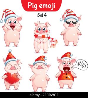 Set vettoriale di caratteri di maiale natalizi. Set 4 Illustrazione Vettoriale