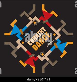 Festa di ballo del paese, ballo della linea, simbolo decorativo astratto. Iscrizione COUNTRY DANCE nel mezzo di una coppia danzante. Vettore disponibile. Illustrazione Vettoriale