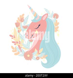 Carino ritratto rosa unicorno con bella mane blu. Illustrazione vettoriale. Testa di simpatico unicorno sonnolento con occhi chiusi in fiori e foglie disegnati a mano Illustrazione Vettoriale