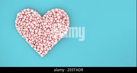Grande cuore di piccoli cuori rosa su sfondo blu, banner per San Valentino. rendering 3d Foto Stock