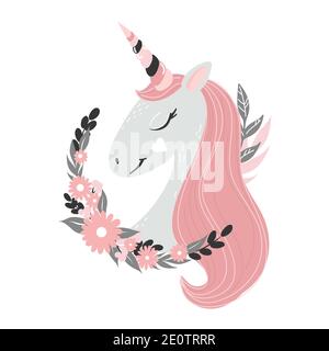 Unicorno grigio dolce in fiori con manna rosa e corno illustrazione cartoon vettore su sfondo bianco. Ragazza, donna moda banner, stampa, design. Illustrazione Vettoriale