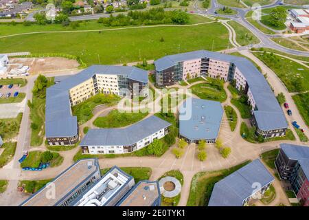 Foto aerea della grande Università di York nella città di York nel Nord Yorkshire, istituto universitario britannico di insegnamento e ricerca, fondato nel 1963, p. Foto Stock