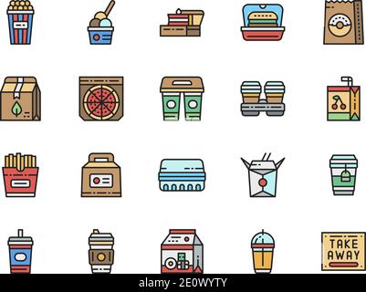 Set di icone linea colore Takeaway. Popcorn, pranzo al sacco, tazze di cartone e molto altro. Illustrazione Vettoriale